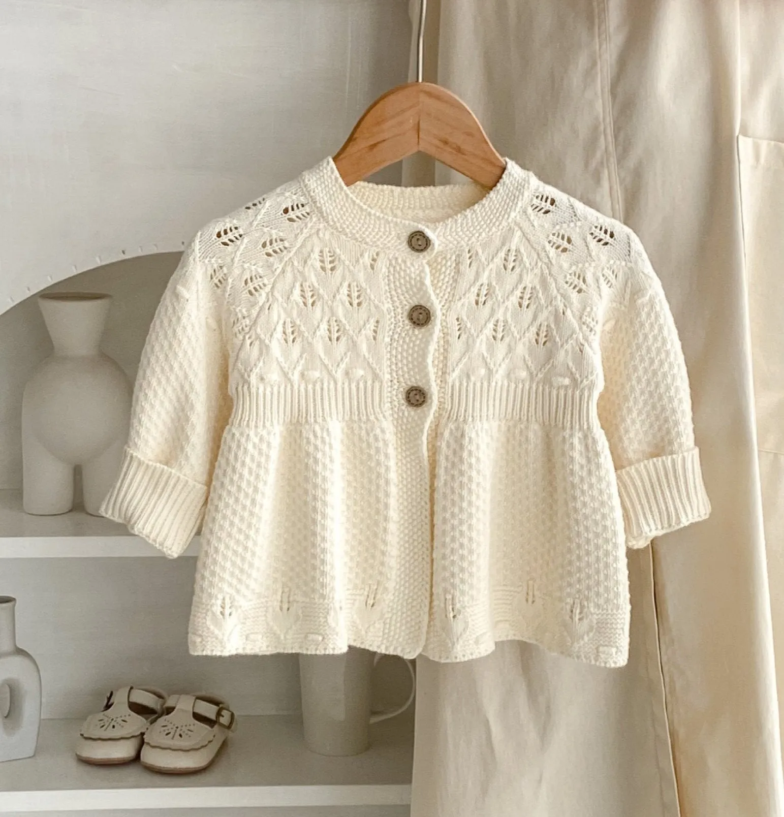 Baby Doll Knit Cardigan with Openwork Detail