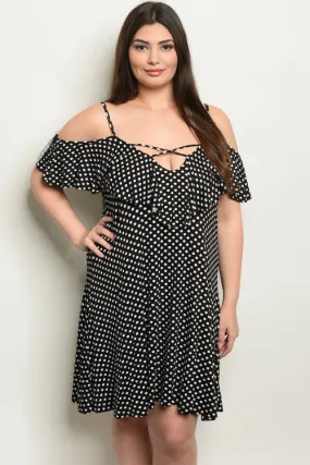 Black and White Polka Dot Cold Shoulder Plus Size Dress