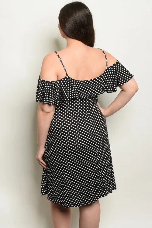 Black and White Polka Dot Cold Shoulder Plus Size Dress
