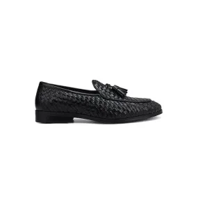 Black Woven Leather Loafers With Tassels