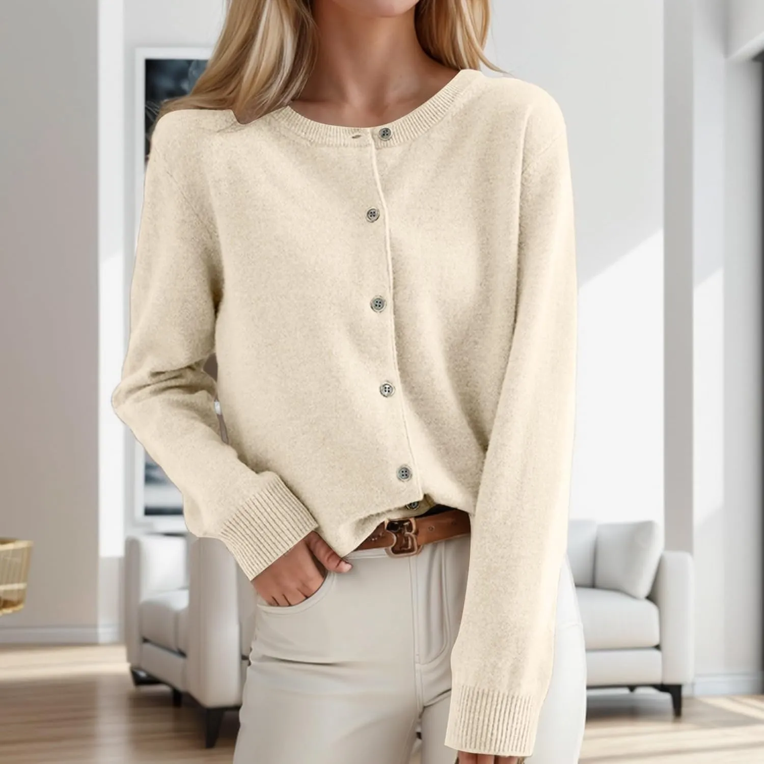Cardigan Sweaters for Women Long Sleeve Crew Neck Soft Cashmere Sweater Open Front Button Lightweight Warm Outerwear