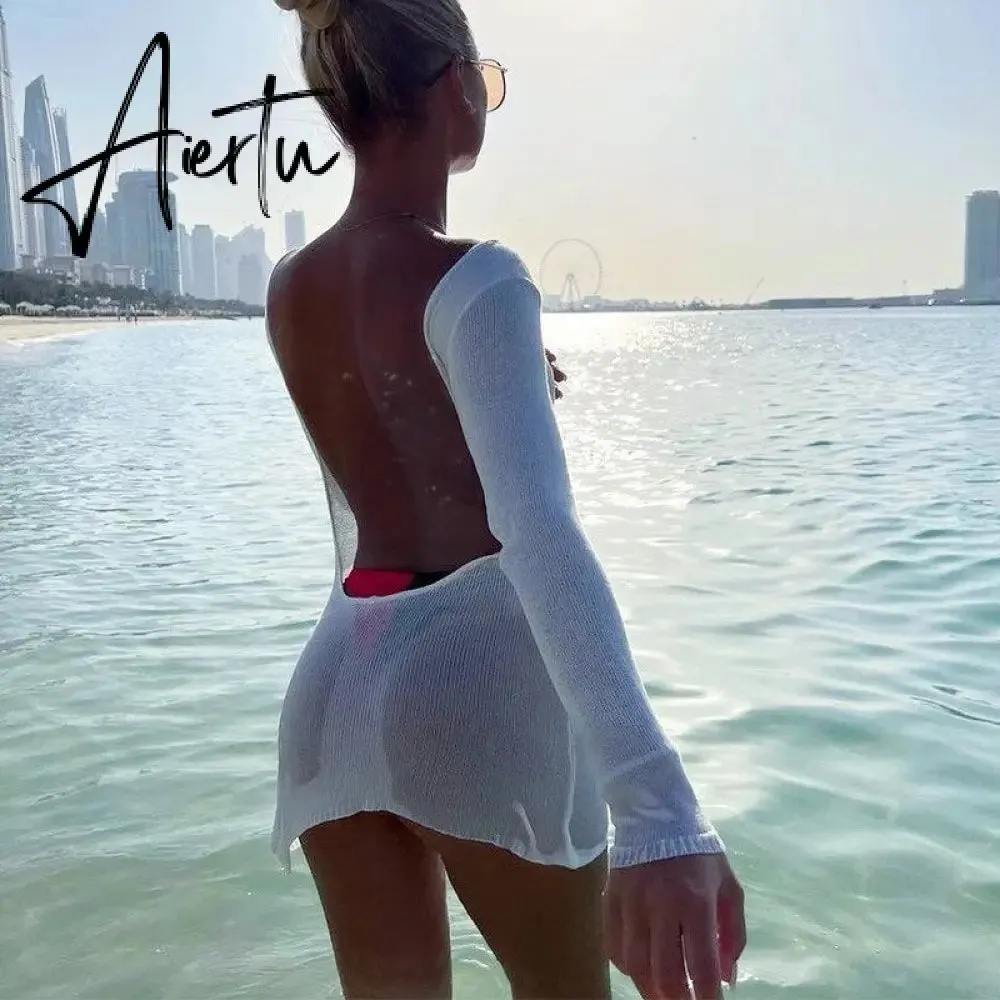 Chic Women Knitted Mini Dress Sexy Backless Long Sleeve Cover-ups Sundress Summer Beach Holiday Bodycon Dress Female Clothes