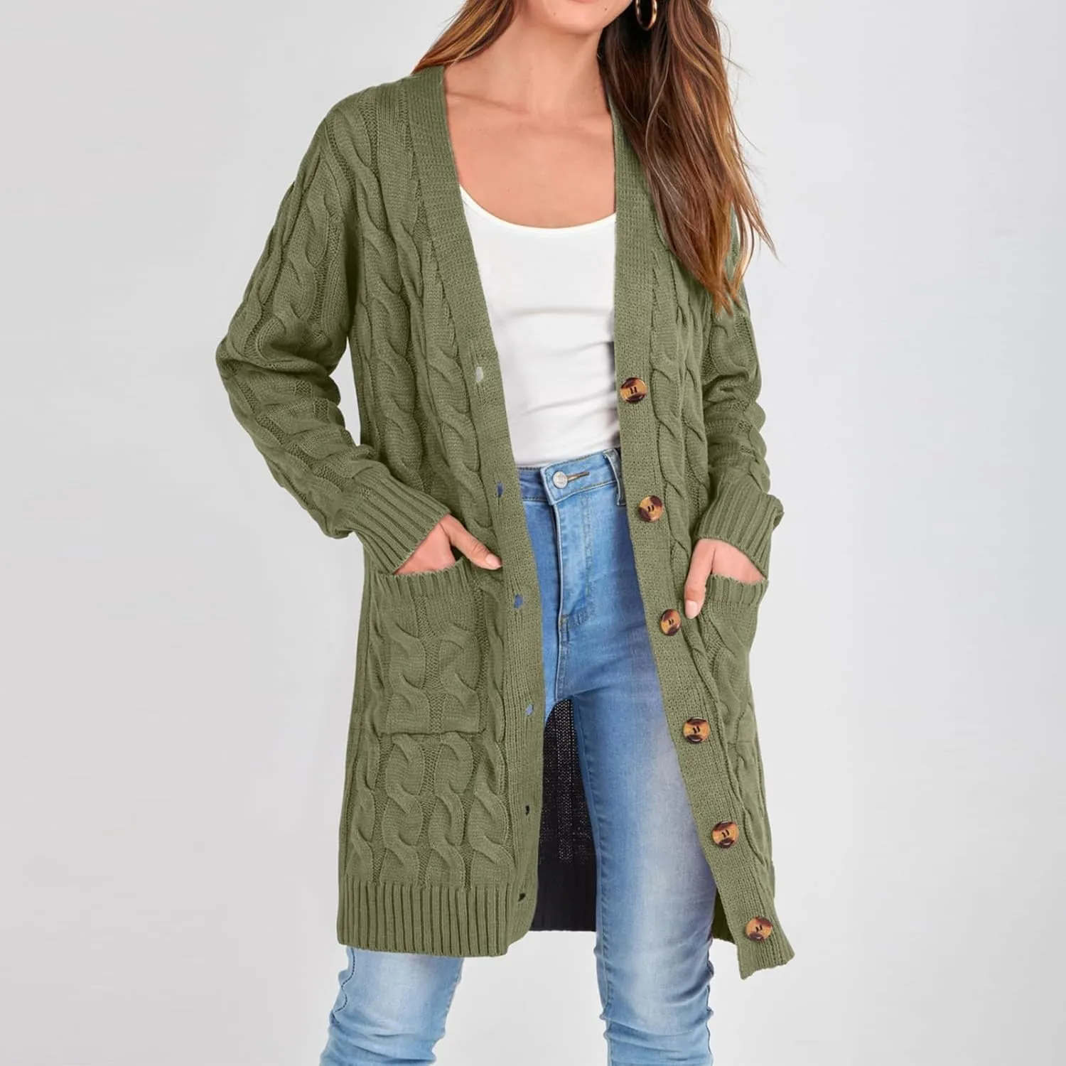 Chunky Knit Long Cardigans for Women Soft Open Front Button Down Sweaters Outerwear Trendy Loose Fall Clothes Coats