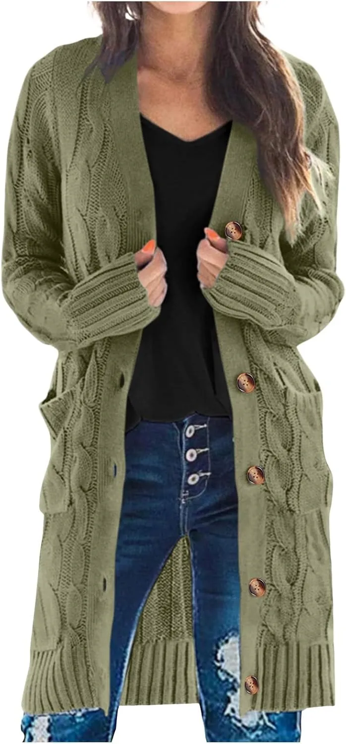 Chunky Knit Long Cardigans for Women Soft Open Front Button Down Sweaters Outerwear Trendy Loose Fall Clothes Coats
