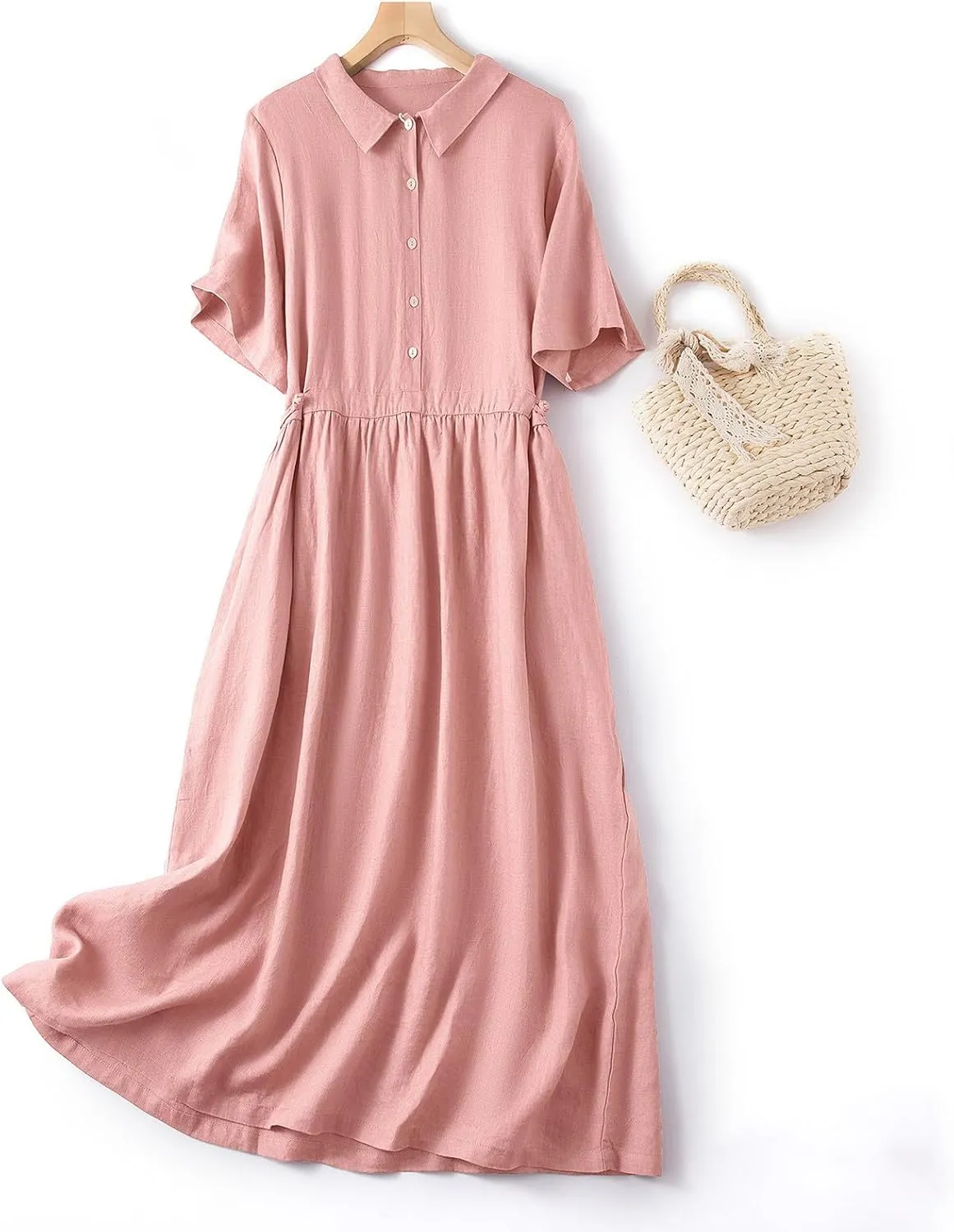 Cotton Linen Maxi Dresses for Women Summer Fashion Lapel Short Sleeve High Waist Beach Button Shirt Dress