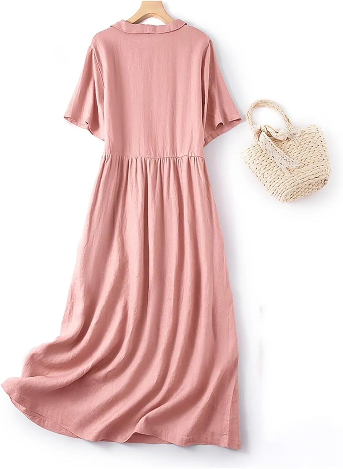 Cotton Linen Maxi Dresses for Women Summer Fashion Lapel Short Sleeve High Waist Beach Button Shirt Dress