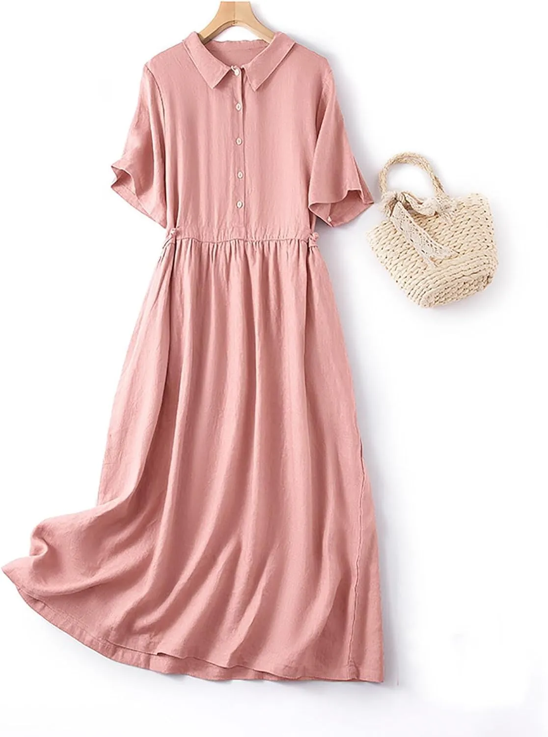 Cotton Linen Maxi Dresses for Women Summer Fashion Lapel Short Sleeve High Waist Beach Button Shirt Dress