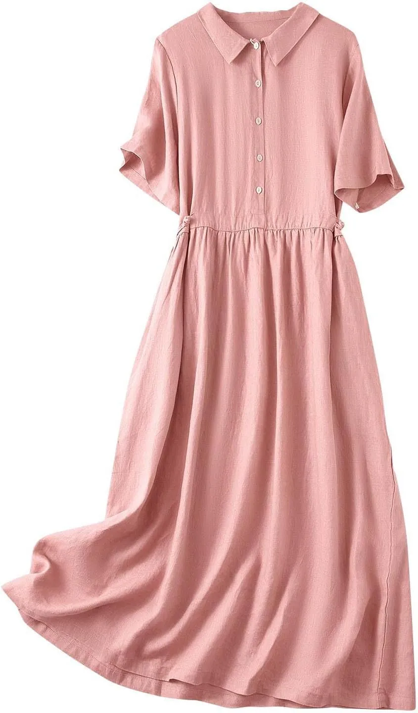 Cotton Linen Maxi Dresses for Women Summer Fashion Lapel Short Sleeve High Waist Beach Button Shirt Dress