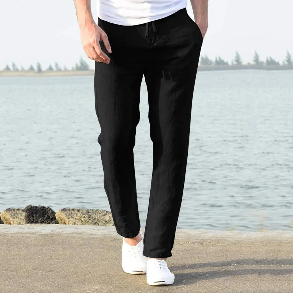 Cotton Men's Casual Pants Lightweight Elastic Drawstring Breathable Relaxed Straight Daily Travel Summer Trousers