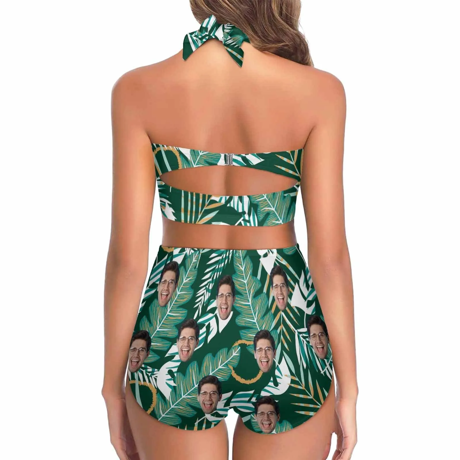 Custom Face Banana Leaves Women's Bikini Swimsuit Long Short Kimono Chiffon Blouse Set