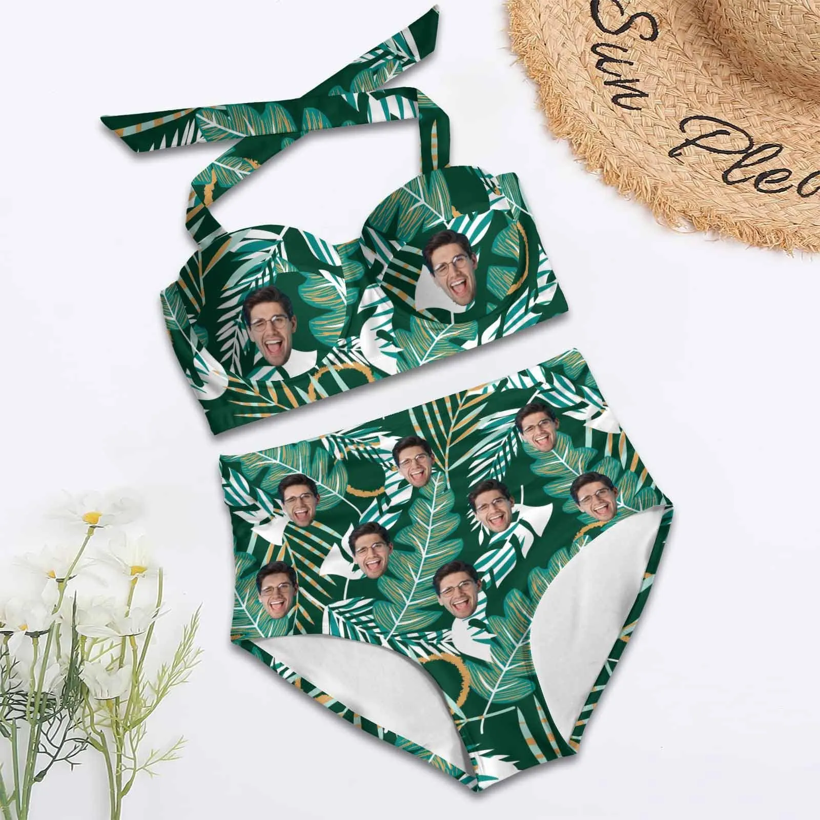 Custom Face Banana Leaves Women's Bikini Swimsuit Long Short Kimono Chiffon Blouse Set