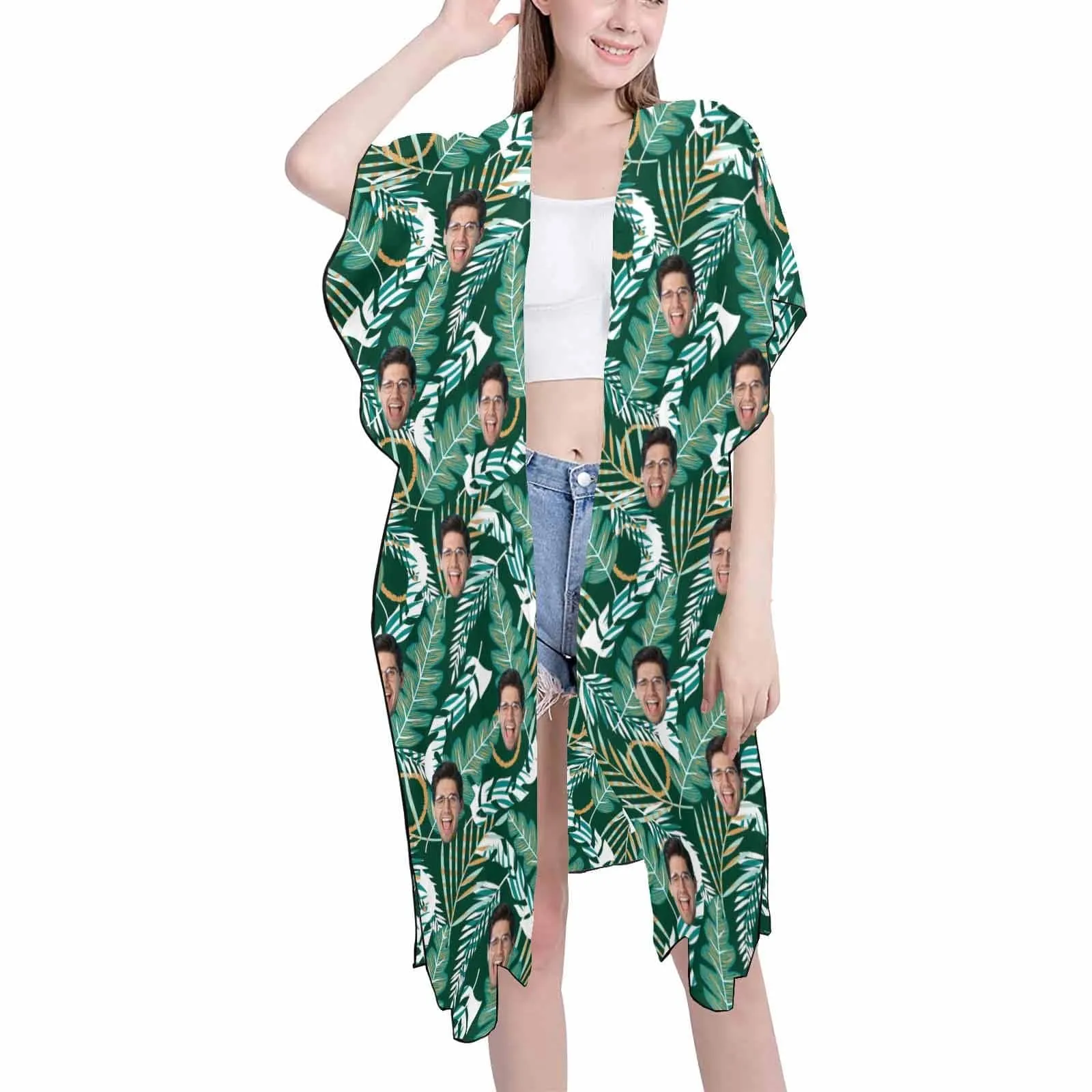 Custom Face Banana Leaves Women's Bikini Swimsuit Long Short Kimono Chiffon Blouse Set