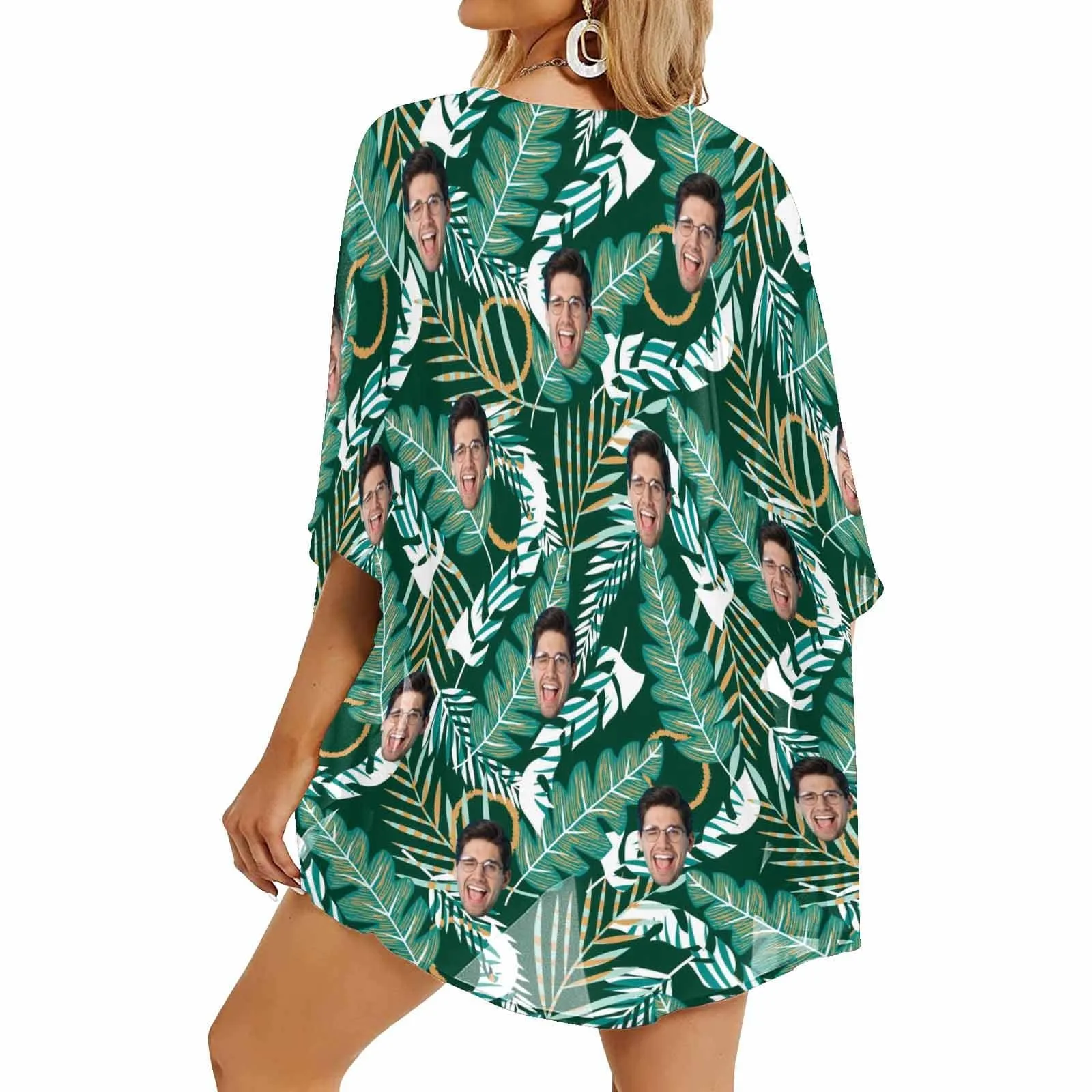 Custom Face Banana Leaves Women's Bikini Swimsuit Long Short Kimono Chiffon Blouse Set