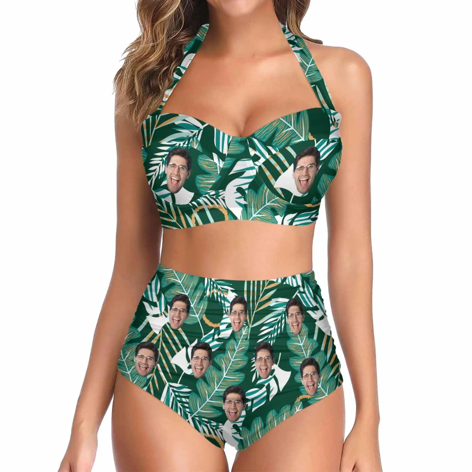Custom Face Banana Leaves Women's Bikini Swimsuit Long Short Kimono Chiffon Blouse Set