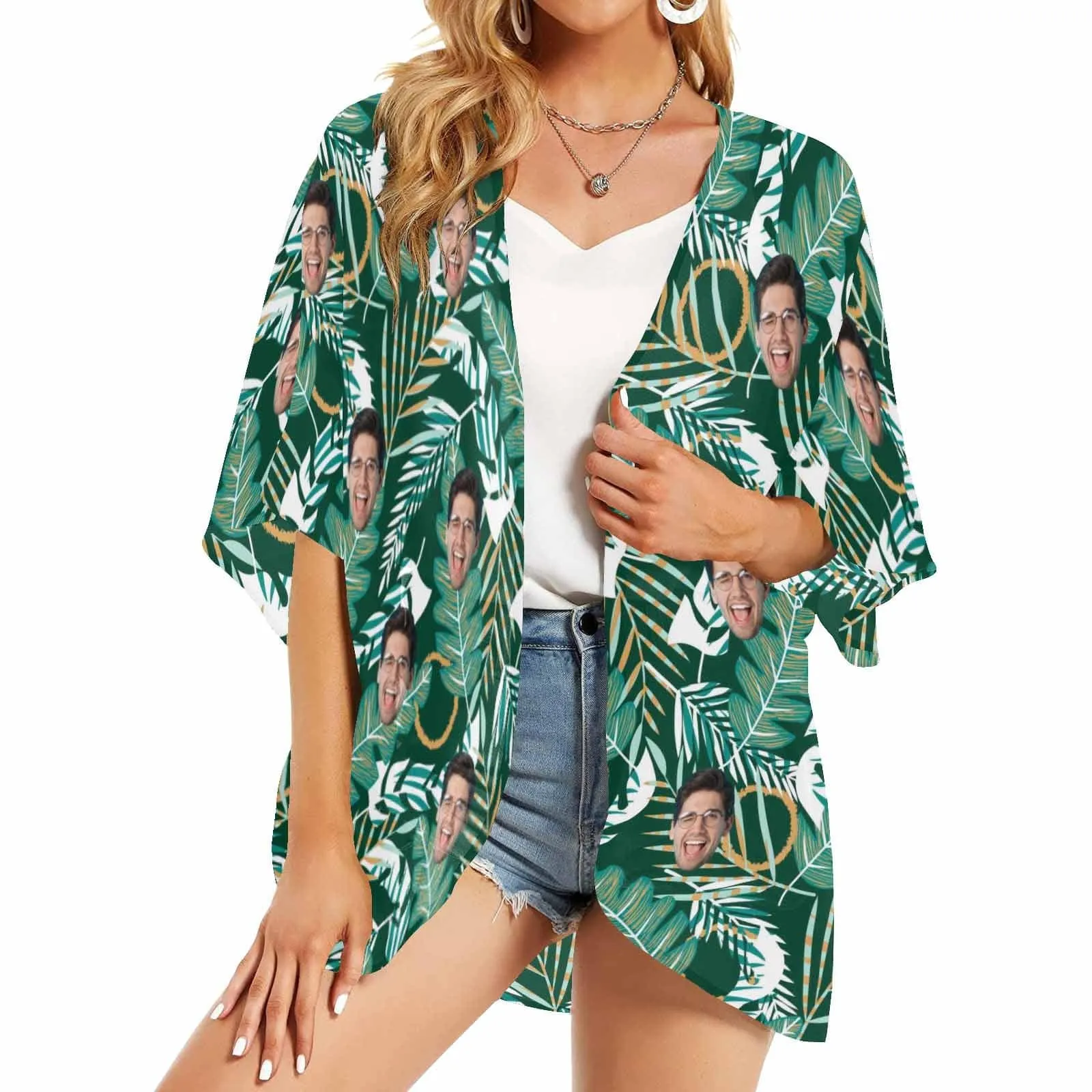 Custom Face Banana Leaves Women's Bikini Swimsuit Long Short Kimono Chiffon Blouse Set