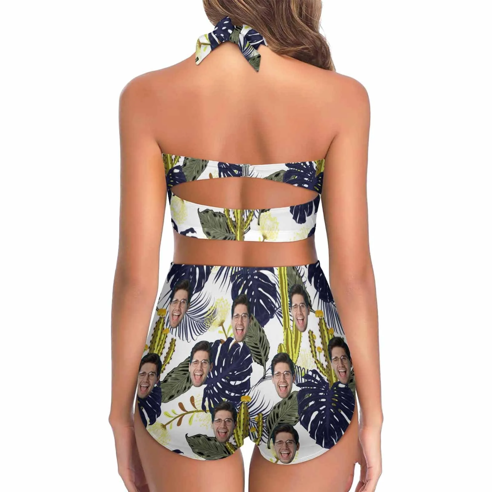 Custom Face Cactus Women's Bikini Swimsuit Long Short Kimono Chiffon Blouse Set