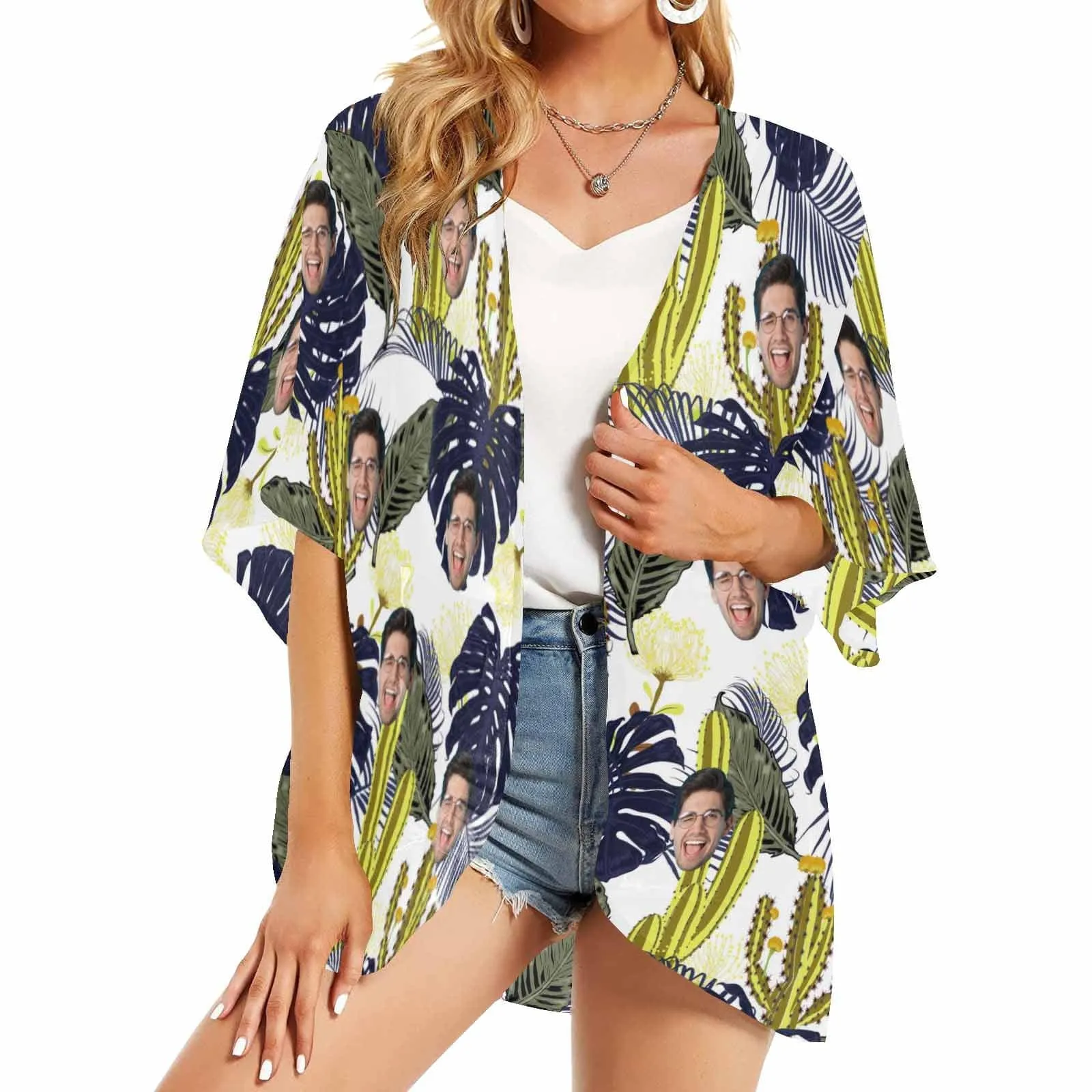 Custom Face Cactus Women's Bikini Swimsuit Long Short Kimono Chiffon Blouse Set