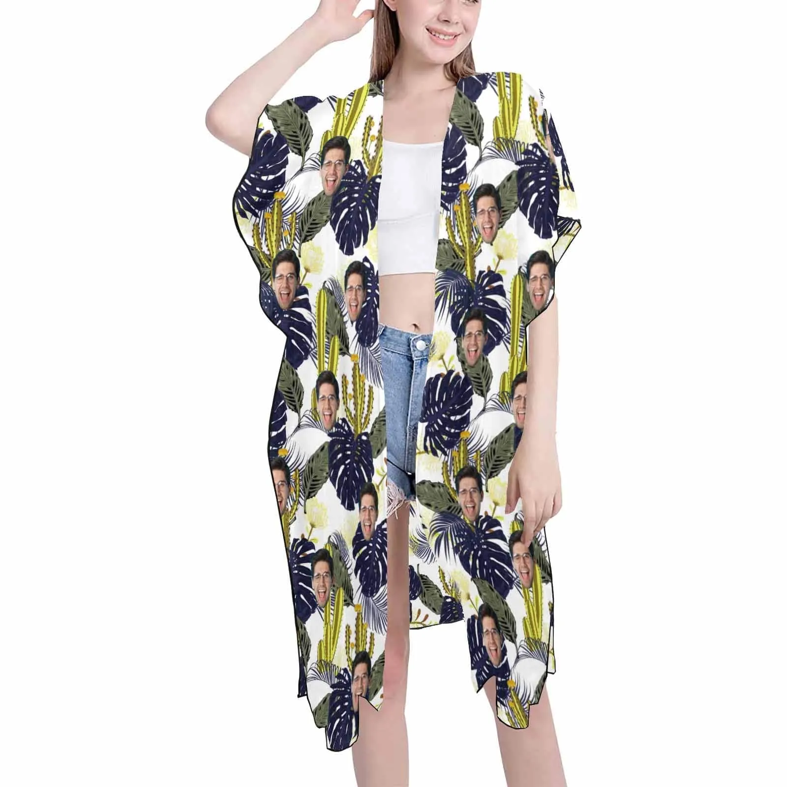 Custom Face Cactus Women's Bikini Swimsuit Long Short Kimono Chiffon Blouse Set