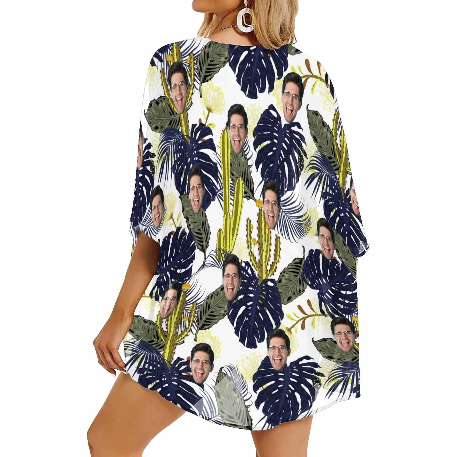 Custom Face Cactus Women's Bikini Swimsuit Long Short Kimono Chiffon Blouse Set