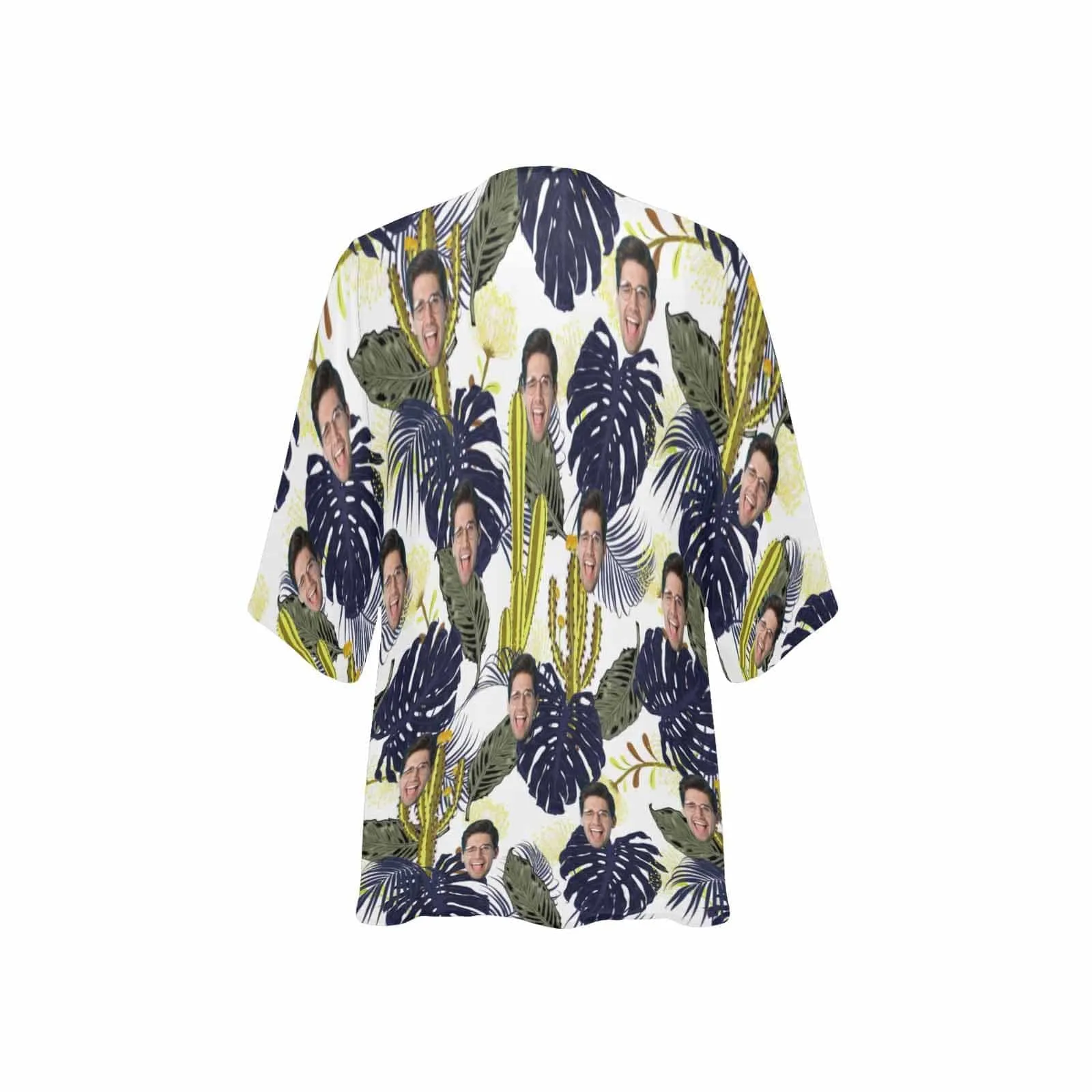 Custom Face Cactus Women's Bikini Swimsuit Long Short Kimono Chiffon Blouse Set