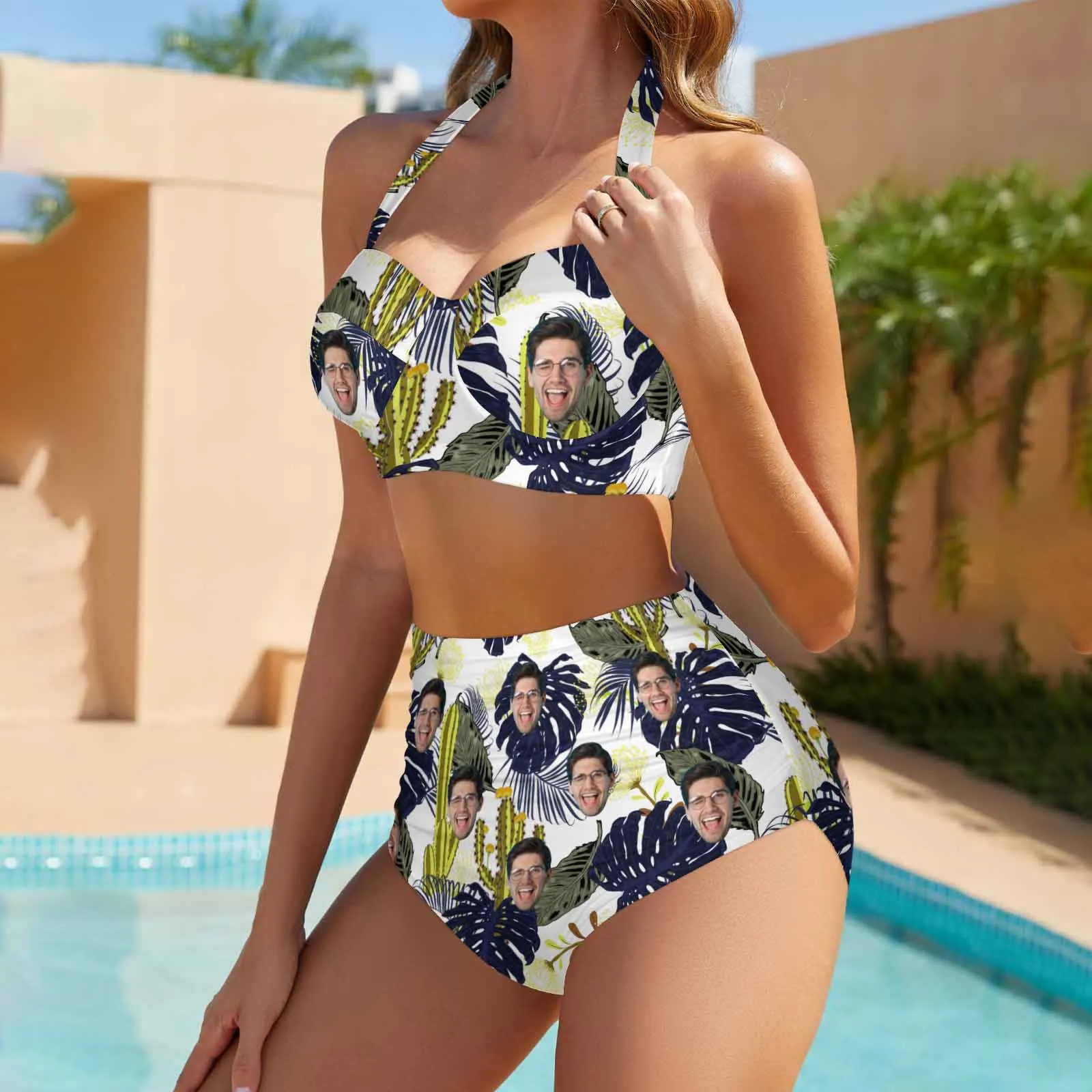 Custom Face Cactus Women's Bikini Swimsuit Long Short Kimono Chiffon Blouse Set