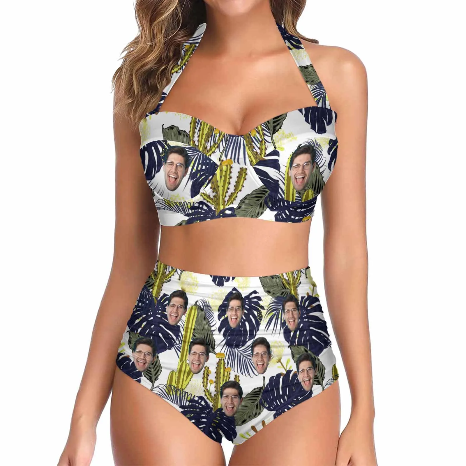 Custom Face Cactus Women's Bikini Swimsuit Long Short Kimono Chiffon Blouse Set