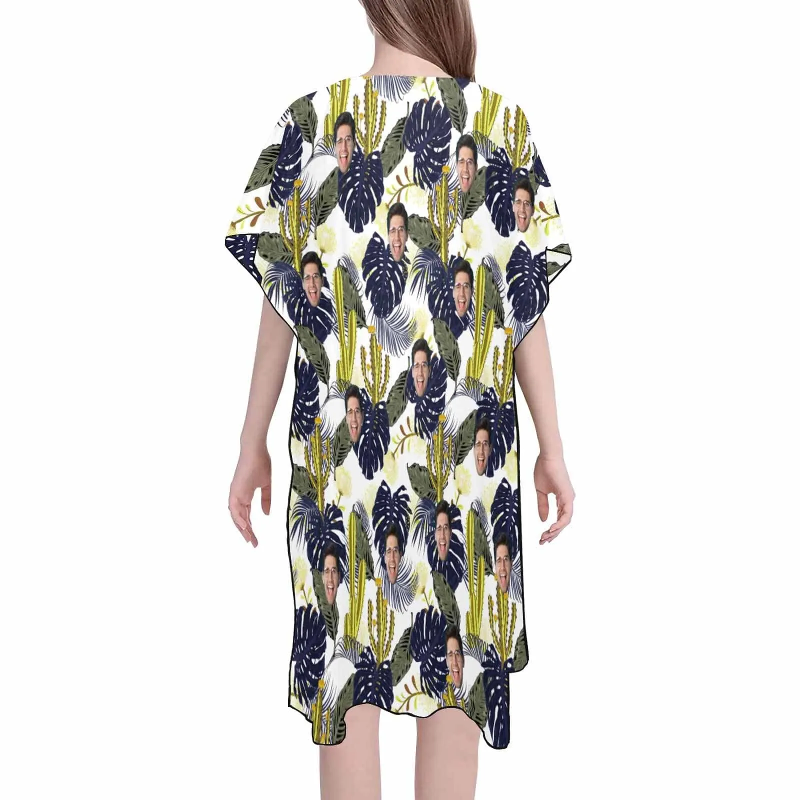 Custom Face Cactus Women's Bikini Swimsuit Long Short Kimono Chiffon Blouse Set