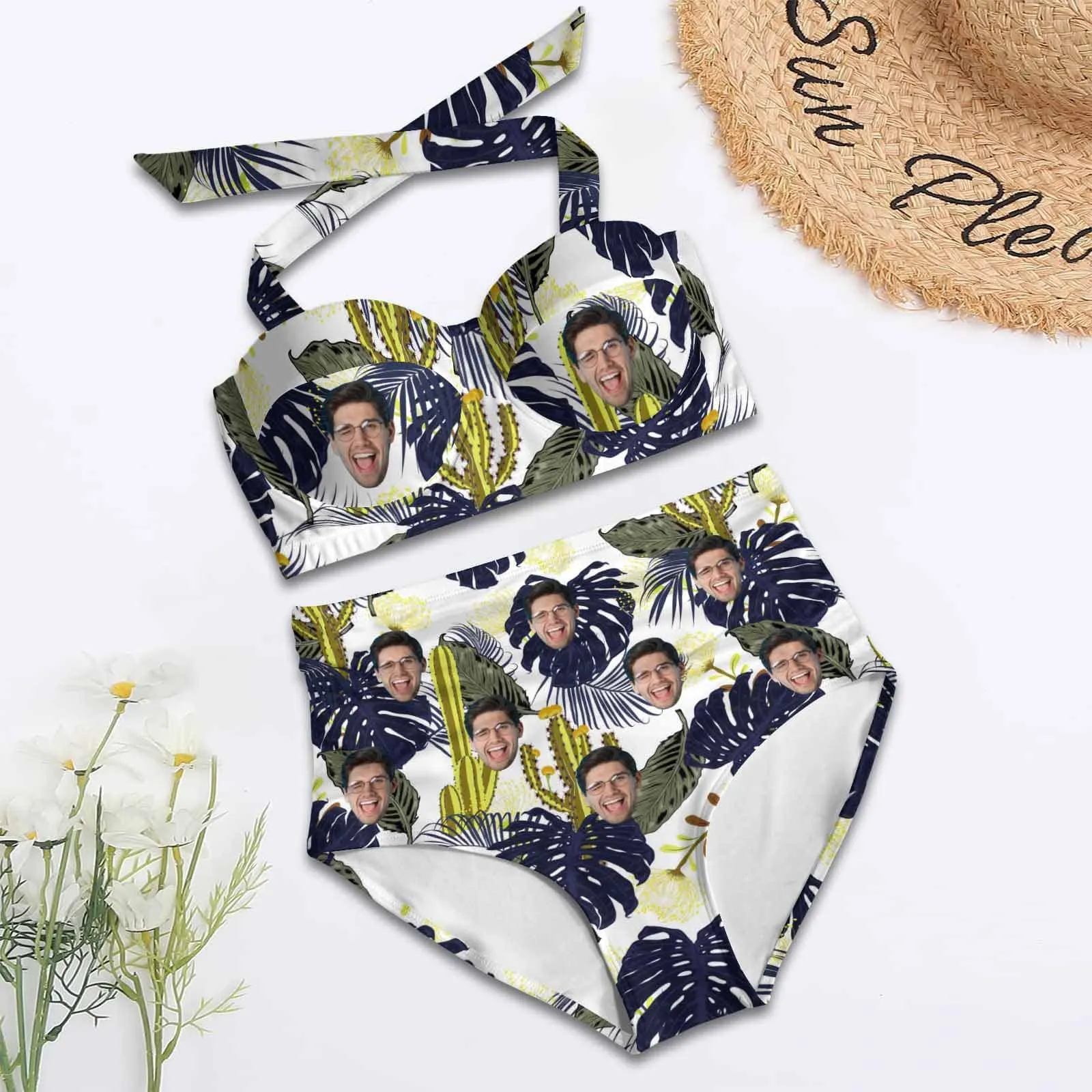 Custom Face Cactus Women's Bikini Swimsuit Long Short Kimono Chiffon Blouse Set