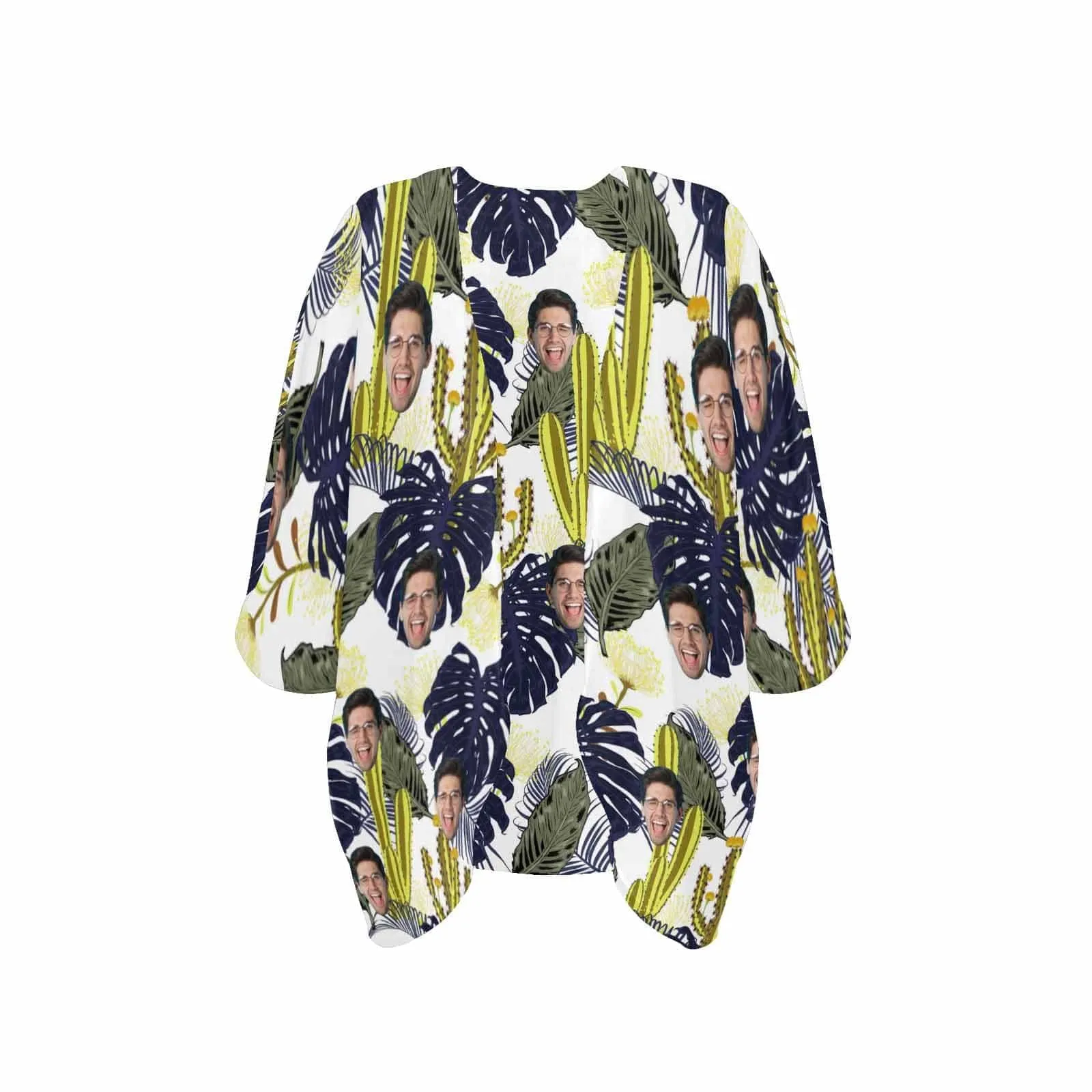 Custom Face Cactus Women's Bikini Swimsuit Long Short Kimono Chiffon Blouse Set