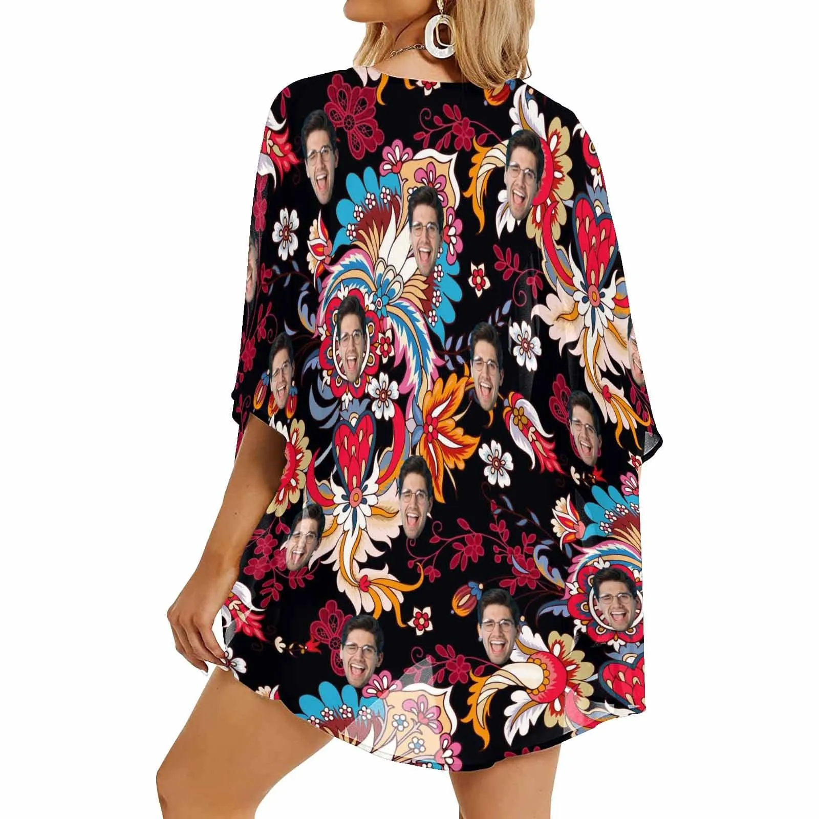Custom Face Dark Red Women's Bikini Swimsuit Long Short Kimono Chiffon Blouse Set