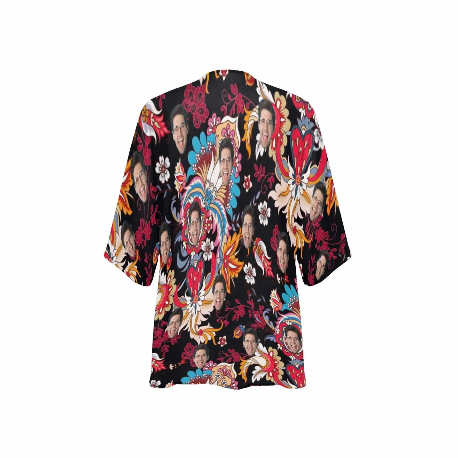 Custom Face Dark Red Women's Bikini Swimsuit Long Short Kimono Chiffon Blouse Set