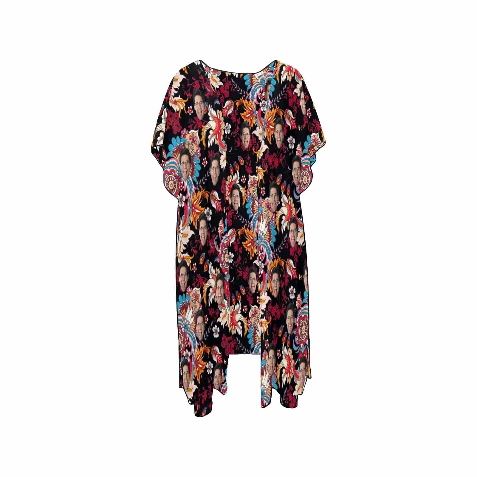 Custom Face Dark Red Women's Bikini Swimsuit Long Short Kimono Chiffon Blouse Set
