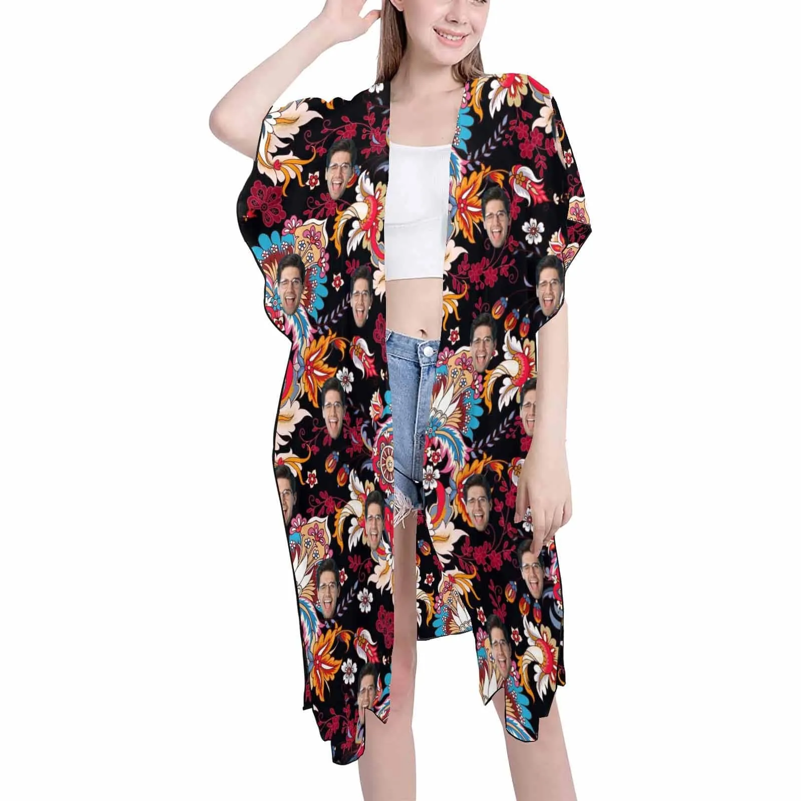Custom Face Dark Red Women's Bikini Swimsuit Long Short Kimono Chiffon Blouse Set