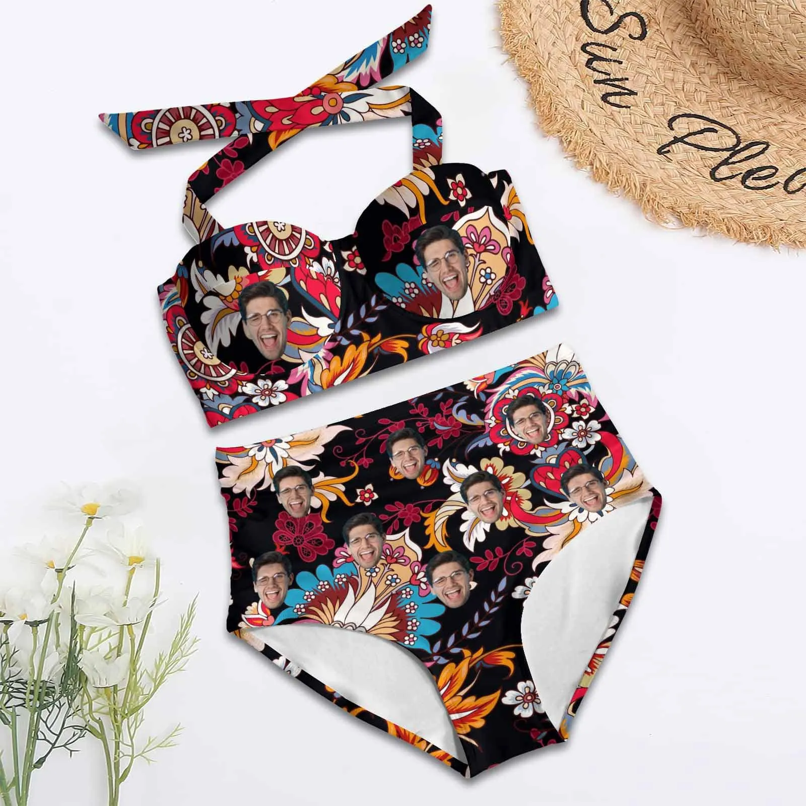 Custom Face Dark Red Women's Bikini Swimsuit Long Short Kimono Chiffon Blouse Set