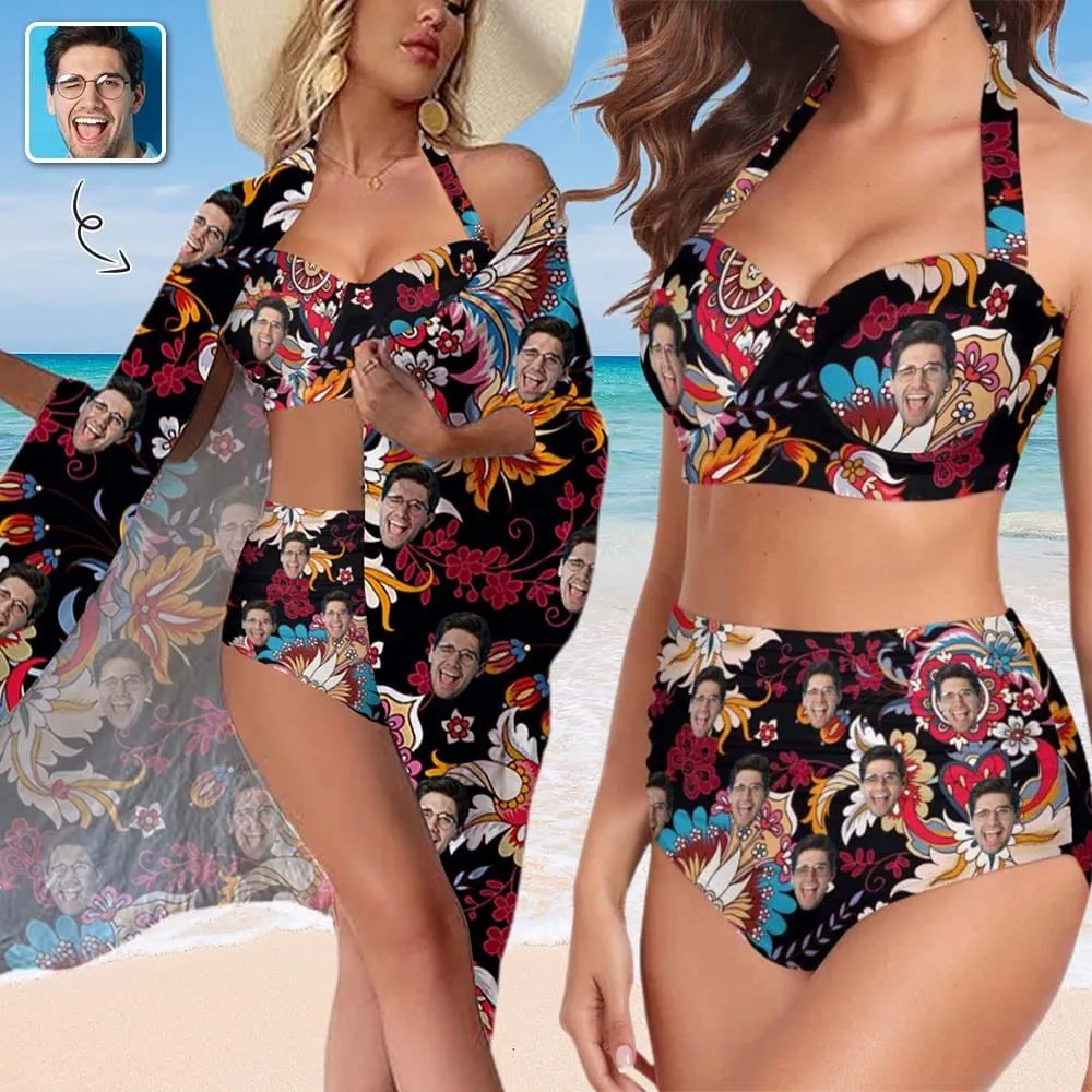 Custom Face Dark Red Women's Bikini Swimsuit Long Short Kimono Chiffon Blouse Set