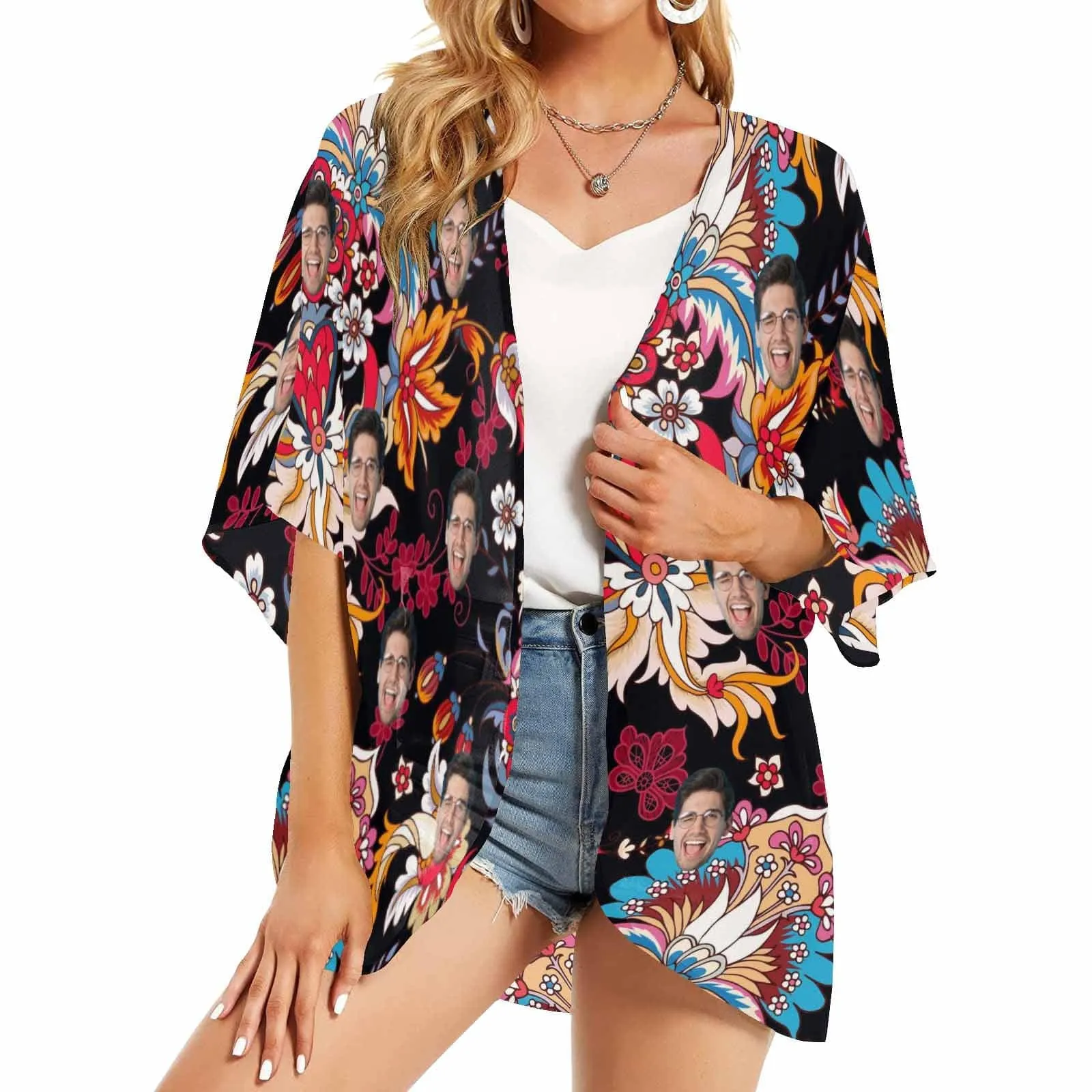Custom Face Dark Red Women's Bikini Swimsuit Long Short Kimono Chiffon Blouse Set