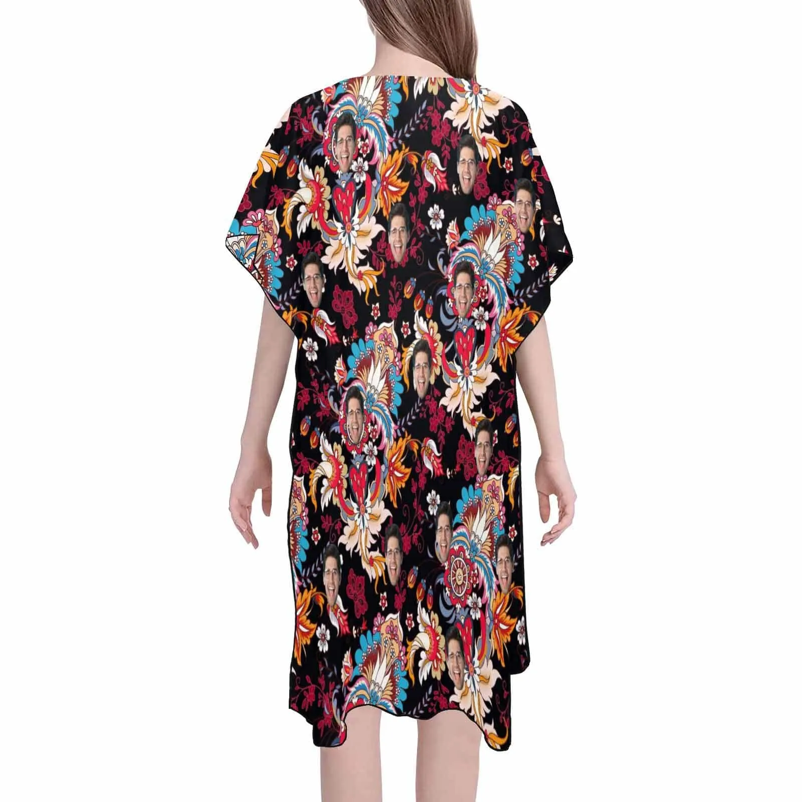 Custom Face Dark Red Women's Bikini Swimsuit Long Short Kimono Chiffon Blouse Set