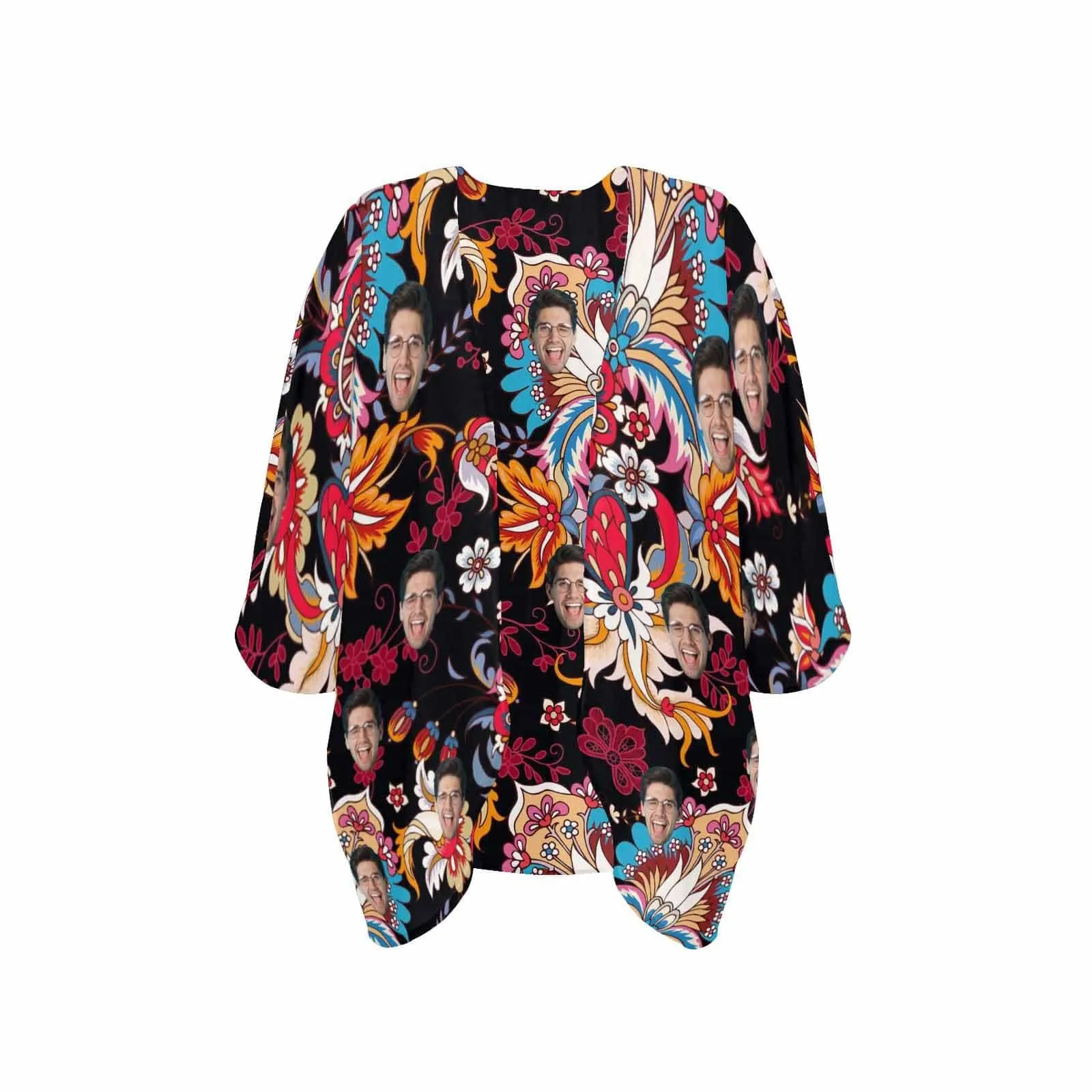 Custom Face Dark Red Women's Bikini Swimsuit Long Short Kimono Chiffon Blouse Set