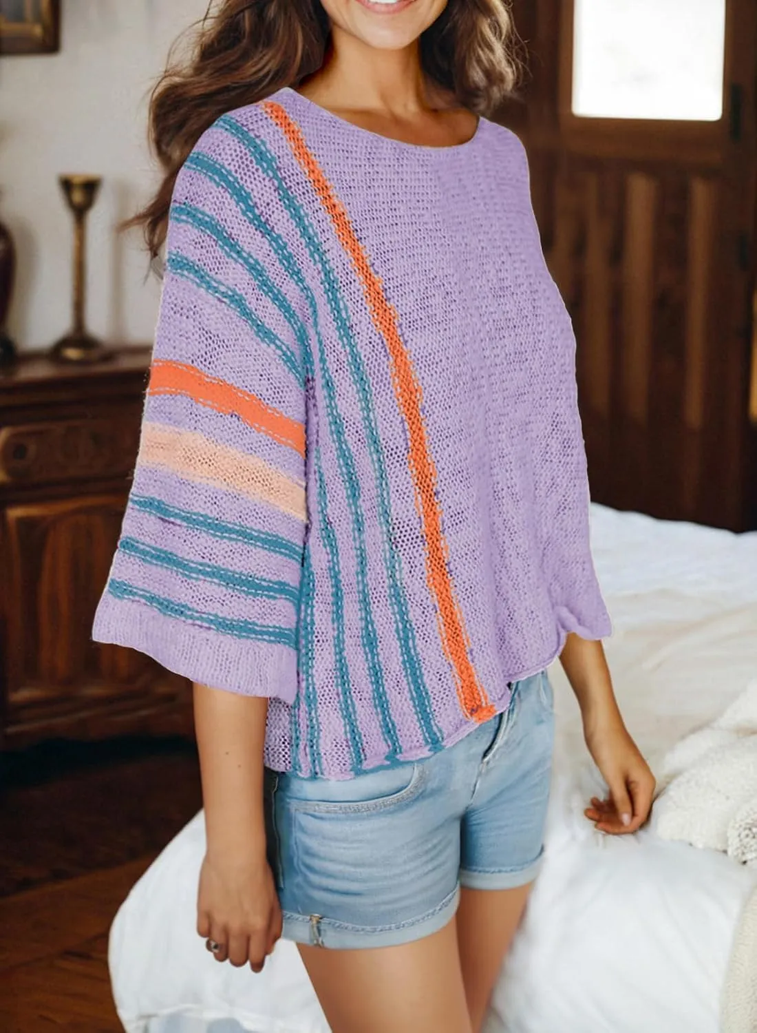 Dokotoo Womens 2025 Spring Casual Color Block Striped Lightweight Comfy Cable Knit Trendy Boho Clothes Pullover Sweaters