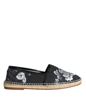 Dolce & Gabbana Black Floral Cotton Leather Espadrilles Sko