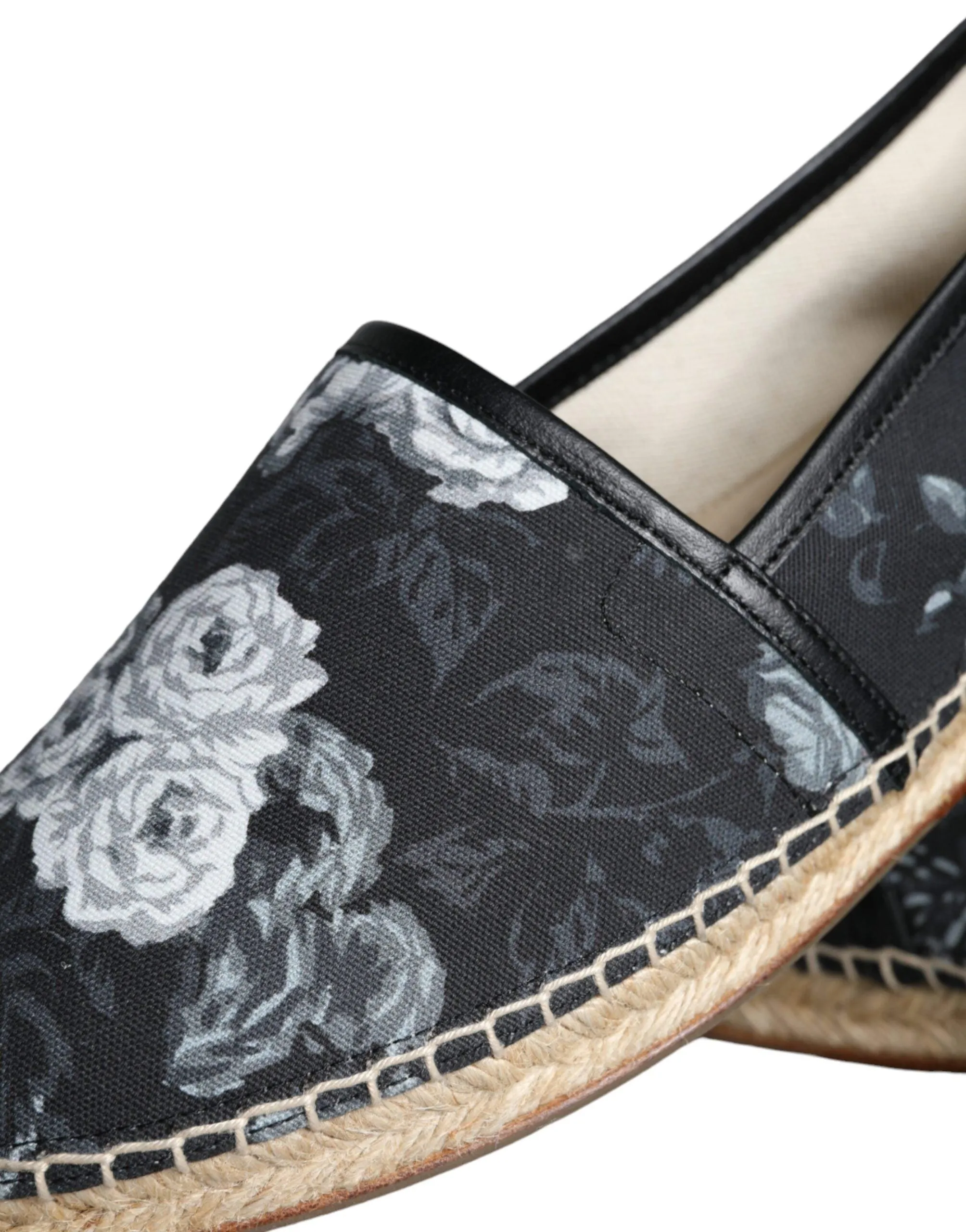 Dolce & Gabbana Black Floral Cotton Leather Espadrilles Sko