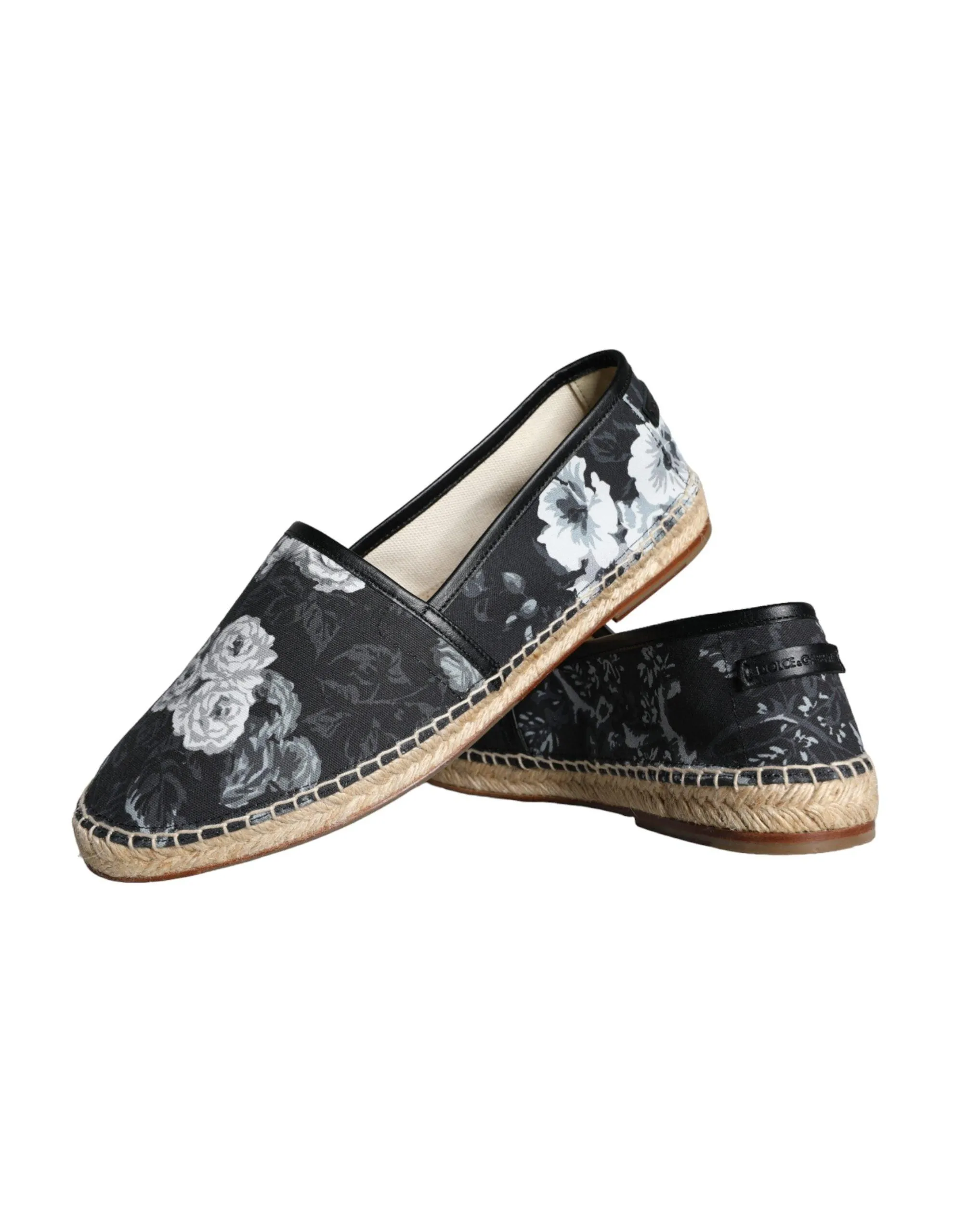 Dolce & Gabbana Black Floral Cotton Leather Espadrilles Sko