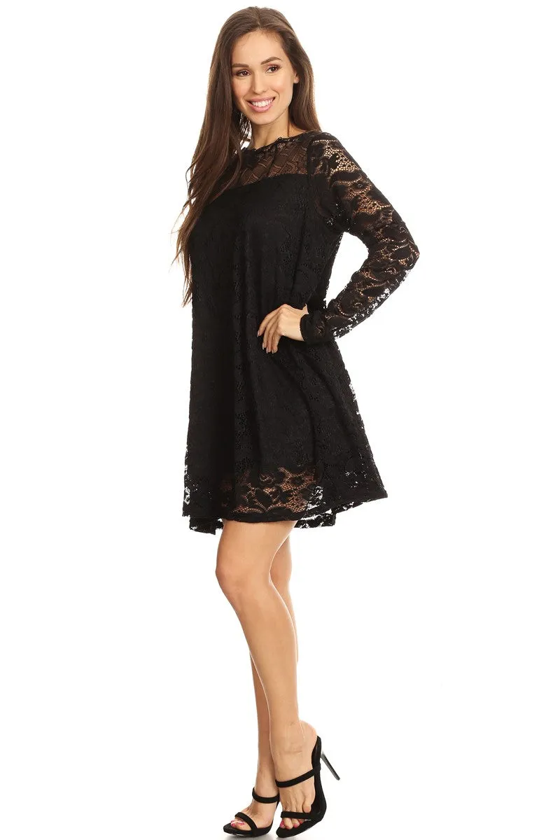 DR-02112 Women's Black Lined Lace Long Sleeves Mini Dress One Size Fits Most