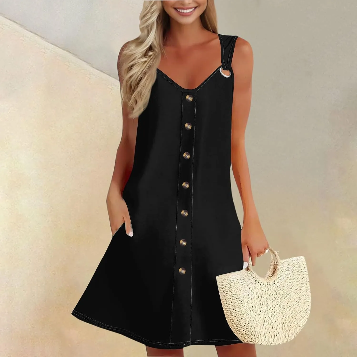 Dresses for Women 2025 Plus Size Mini Dresses Sexy Vacation Sleeveless v Neck Summer Clothes Sundress with Pockets
