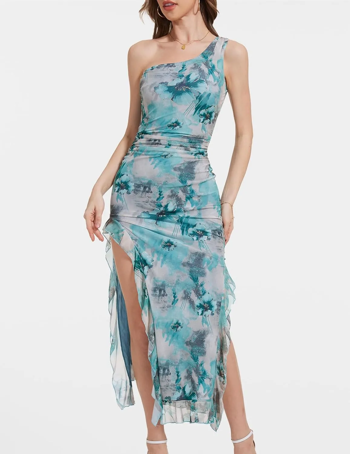 DRESSTELLS Women's Summer Maxi Bodycon Floral Tie Dye Mesh Wedding Guest Club Party Long Split Dresses 2025