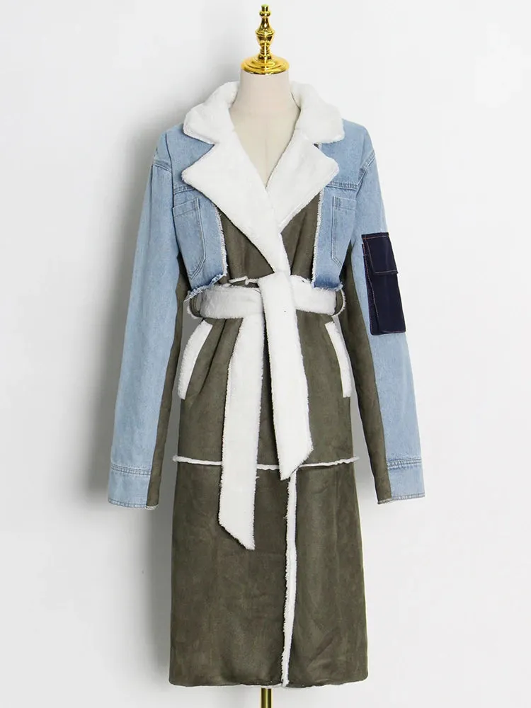 ECRURANI Patchwork Casual Patchwork Lambswool Trench