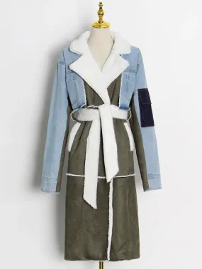 ECRURANI Patchwork Casual Patchwork Lambswool Trench