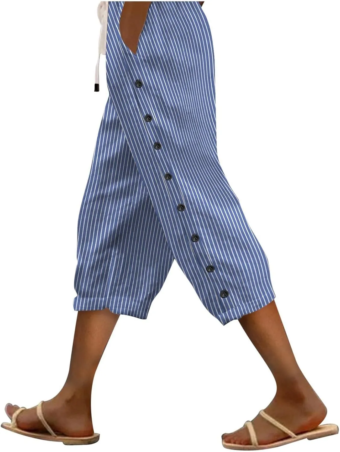 fanmpghleoo Linen Capris for Women Cropped Drawstring Linen Striped Pants Loose Fit Comfy Wide Leg Lounge Pants with Pockets
