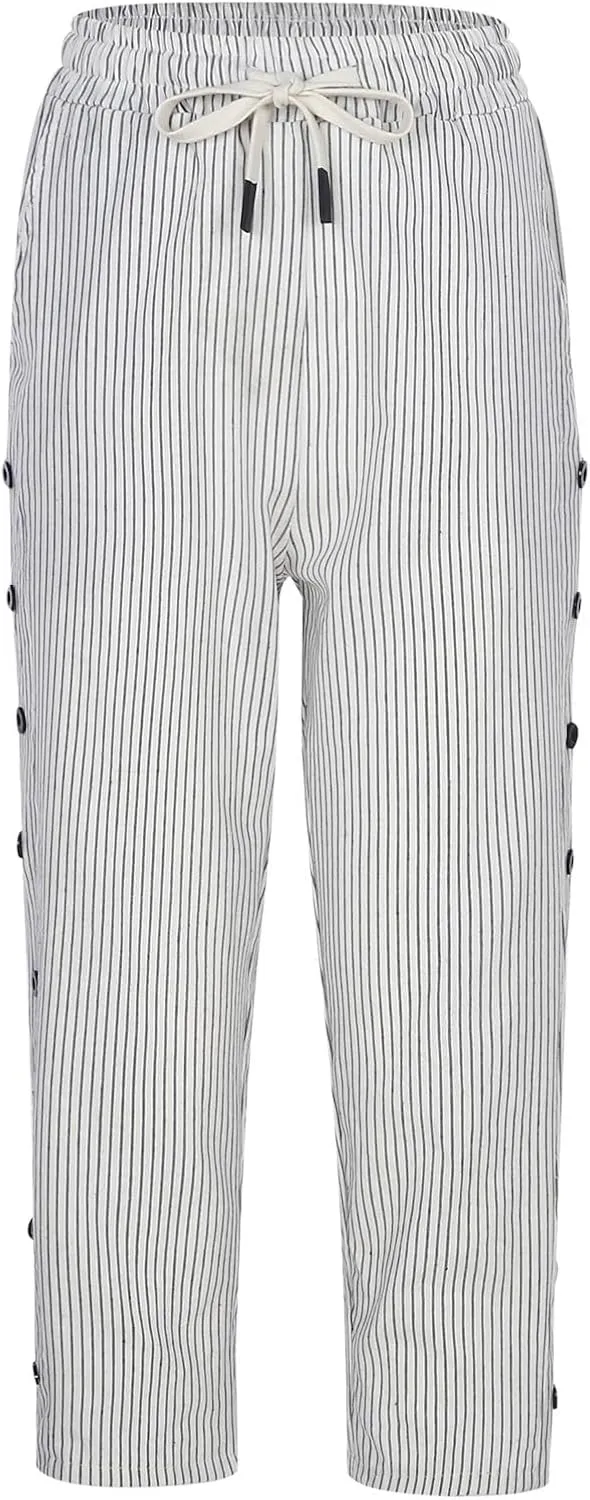 fanmpghleoo Linen Capris for Women Cropped Drawstring Linen Striped Pants Loose Fit Comfy Wide Leg Lounge Pants with Pockets