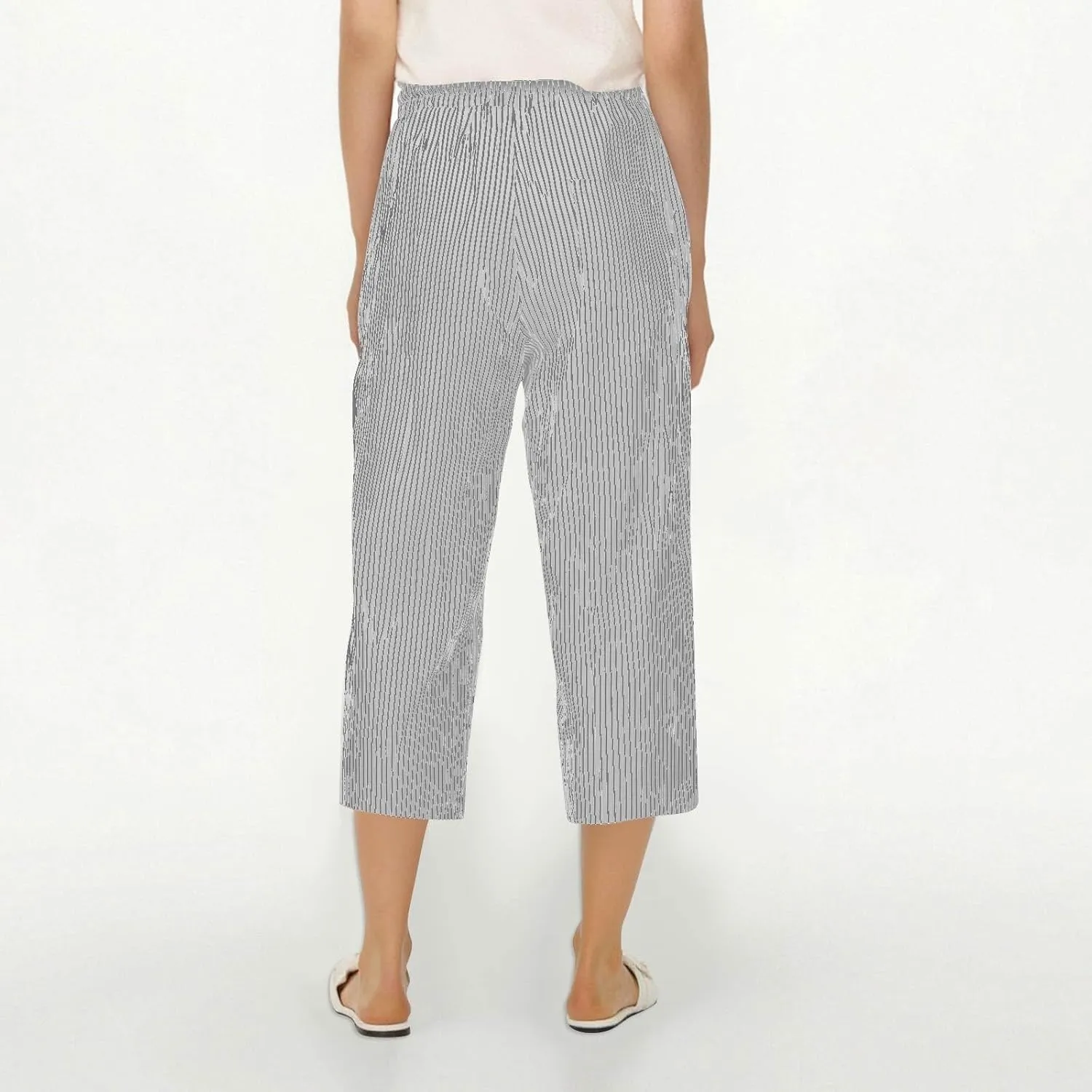 fanmpghleoo Linen Capris for Women Cropped Drawstring Linen Striped Pants Loose Fit Comfy Wide Leg Lounge Pants with Pockets